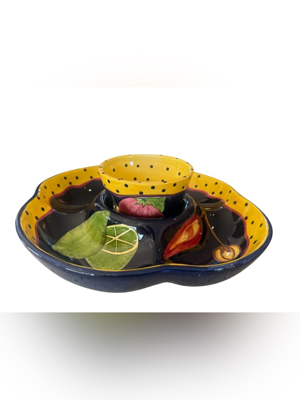 Laurie Gates Hand Painted Ceramic Chip Dip Veggie Serving Platter Bowl